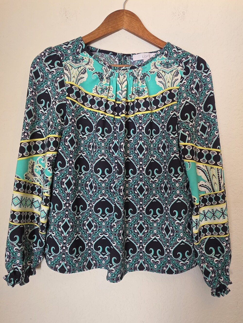 Loft Blouse Womens Size XSP Green Black Geometric Paisly Old Money Classic Top